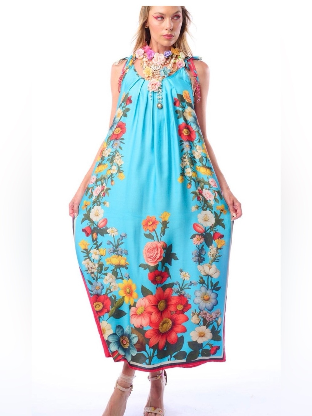 Aratta Silent Journey Turquoise Floral Garden Boho Maxi Dress NWOT